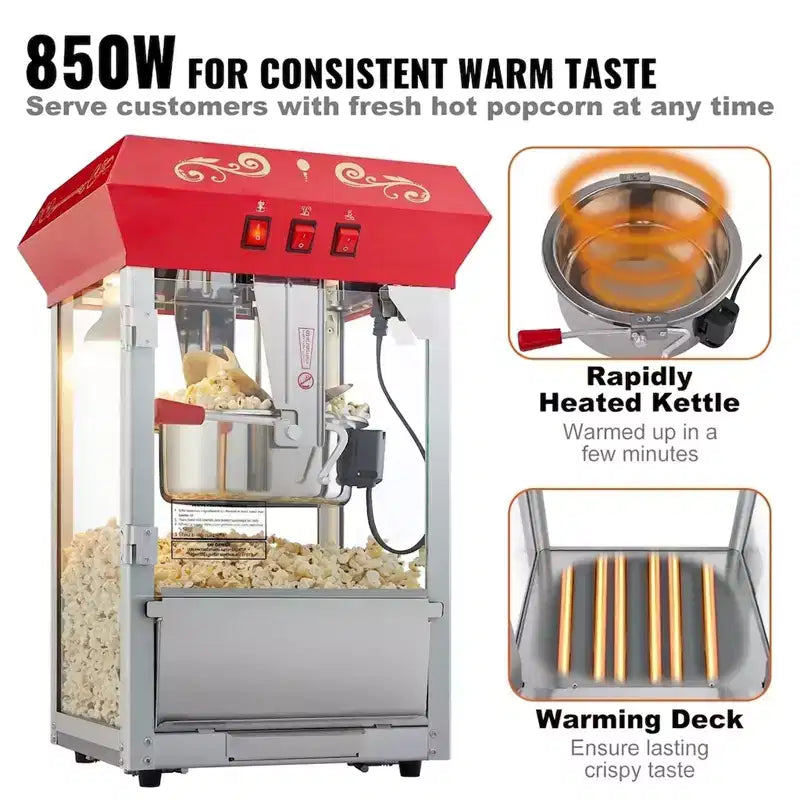 Popcorn Popper Machine 8 Oz Countertop Popcorn Maker 850w 48 Cups Red Heavy Duty