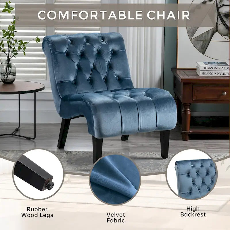 Light Blue Tufted Upholstered Accent Chair with Wood Legs