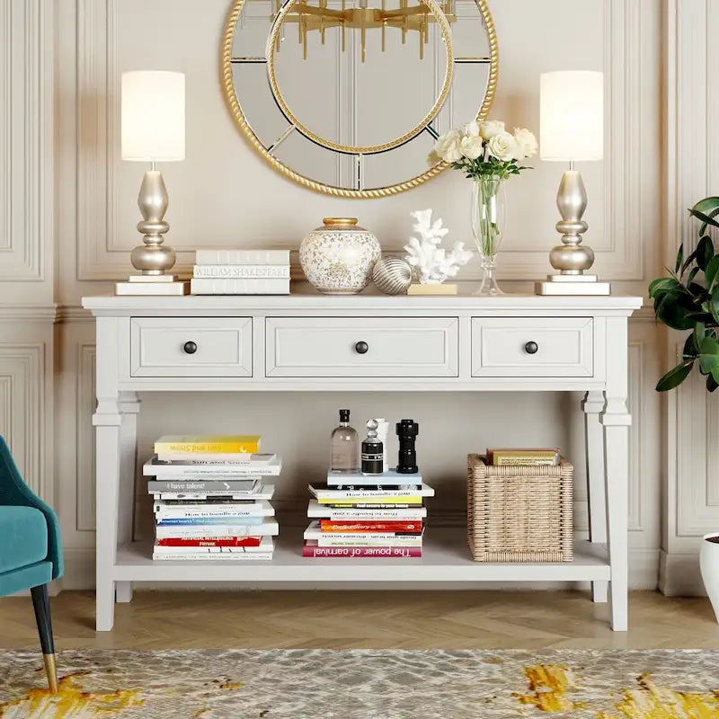 Vintage Solid Wood Console Table with 3 Drawers and Bottom Shelf, 50-Inch