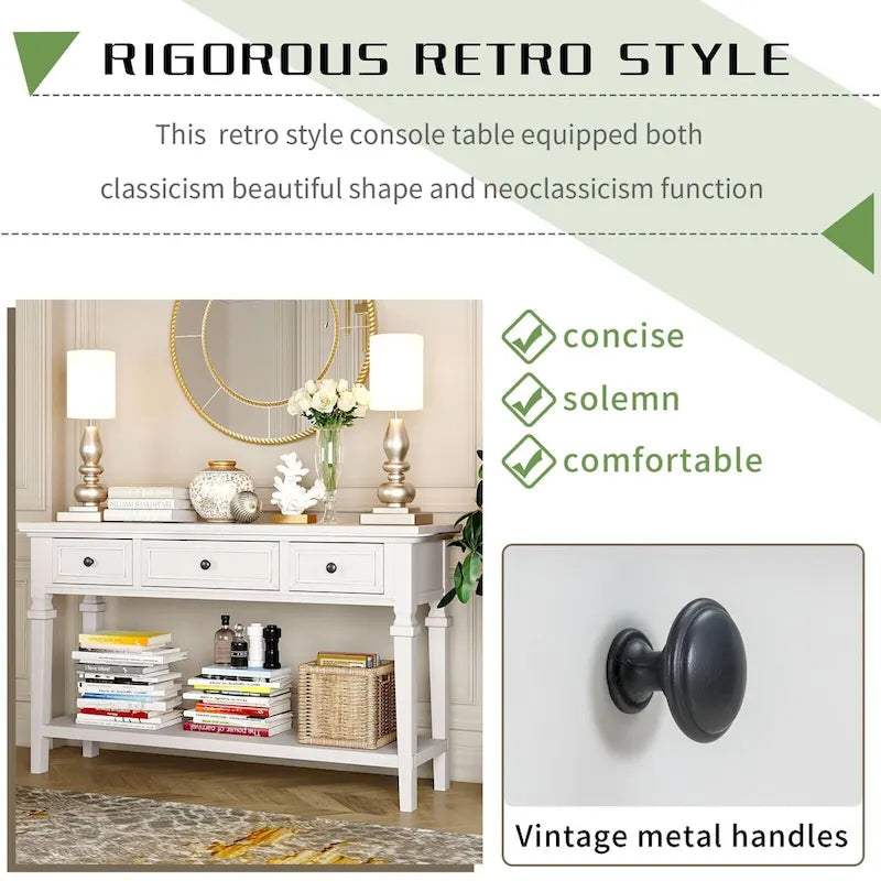 Vintage Solid Wood Console Table with 3 Drawers and Bottom Shelf, 50-Inch
