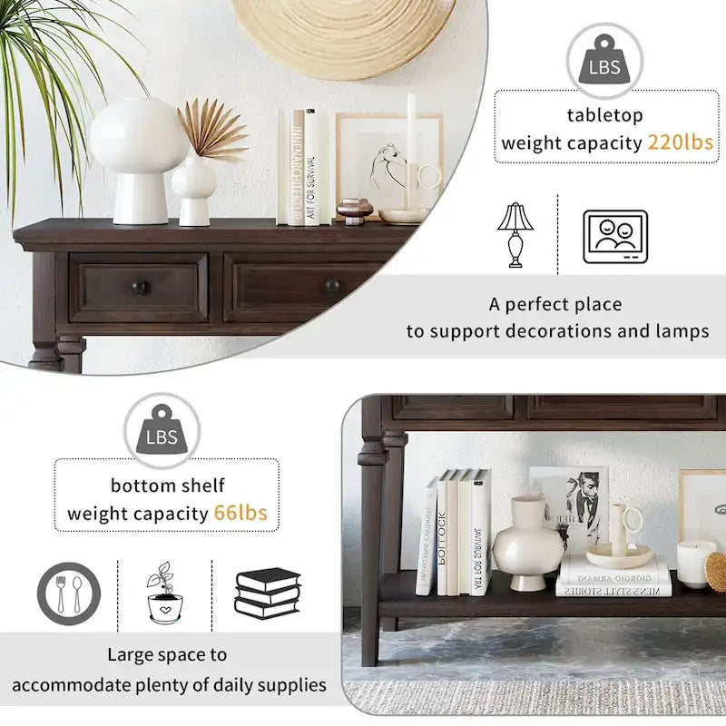 Vintage Solid Wood Console Table with 3 Drawers and Bottom Shelf, 50-Inch
