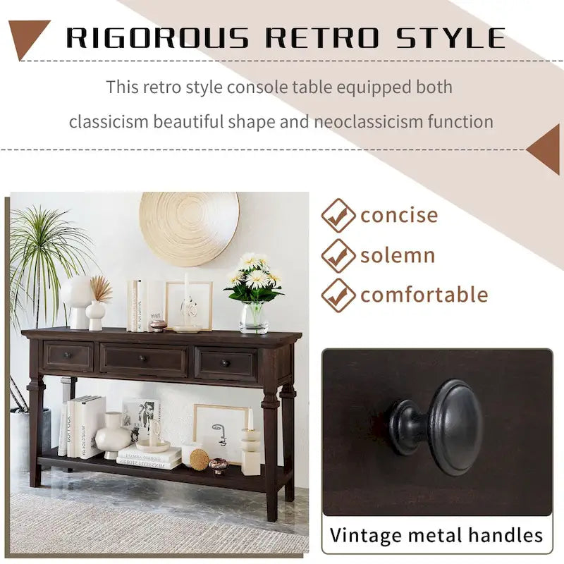 Vintage Solid Wood Console Table with 3 Drawers and Bottom Shelf, 50-Inch
