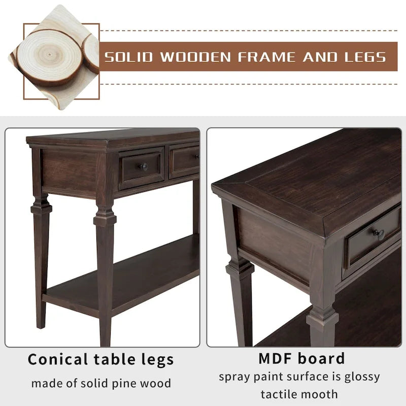 Vintage Solid Wood Console Table with 3 Drawers and Bottom Shelf, 50-Inch