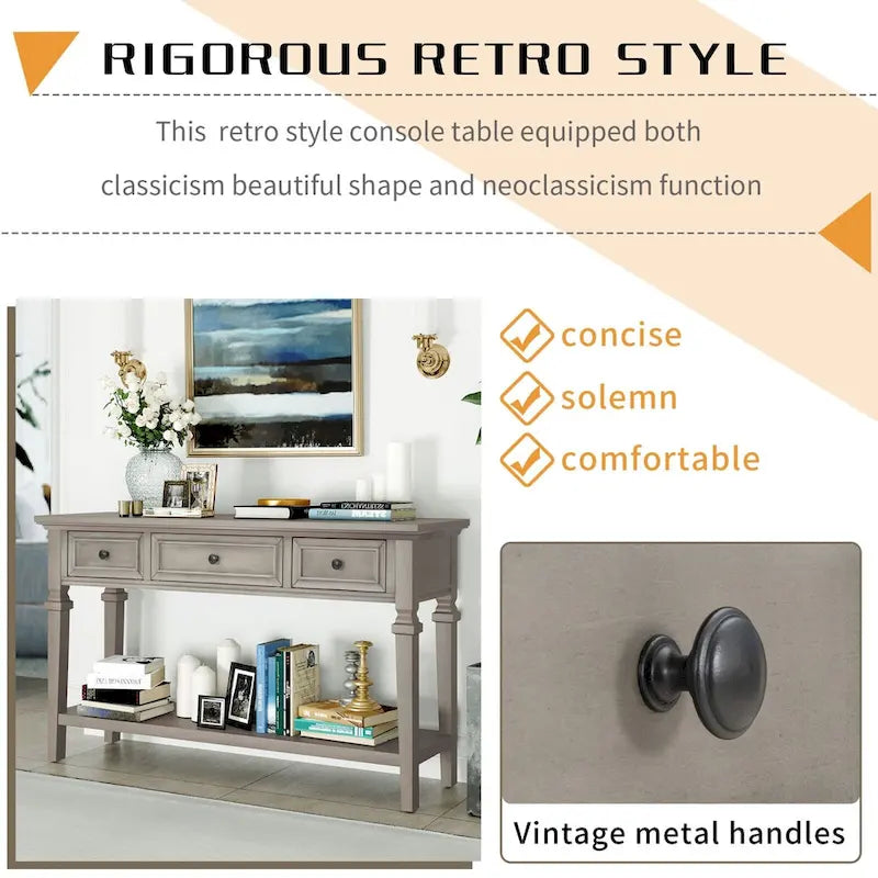 Vintage Solid Wood Console Table with 3 Drawers and Bottom Shelf, 50-Inch