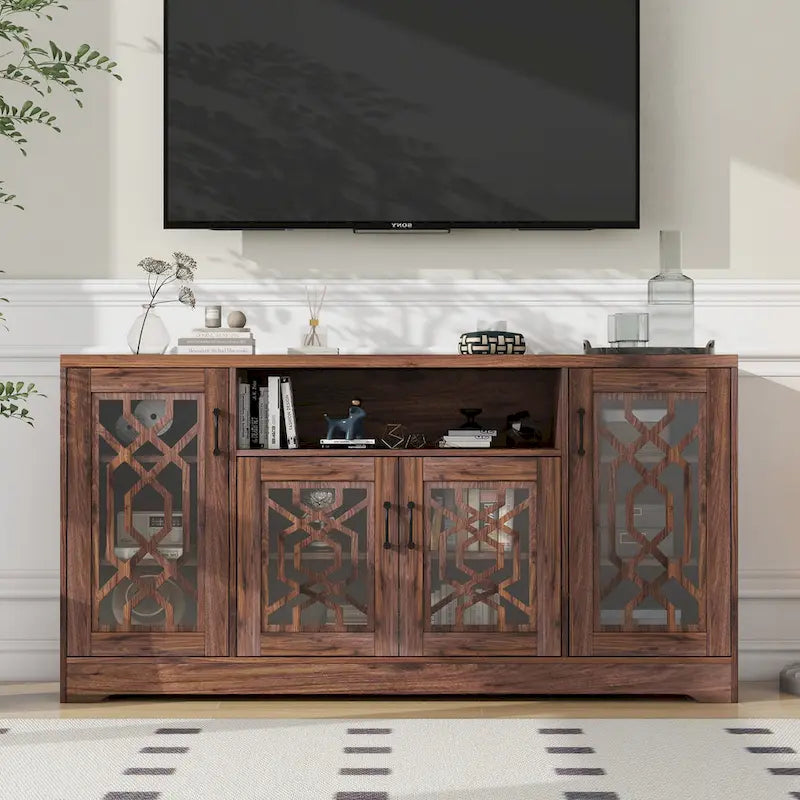 Rustic Wood Media Console TV Stand for 65"+ TVs with Open Storage Shelves