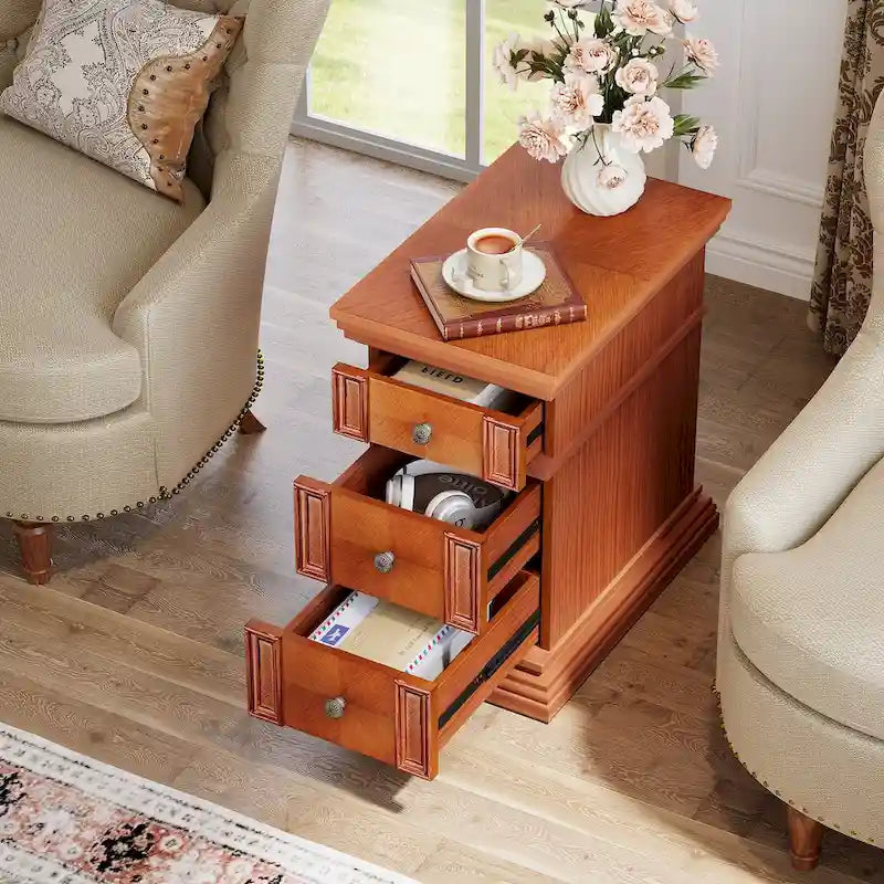 Narrow Vintage Sofa Side Table with 3 Drawers