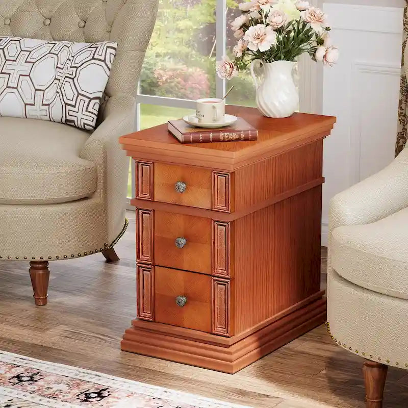 Narrow Vintage Sofa Side Table with 3 Drawers
