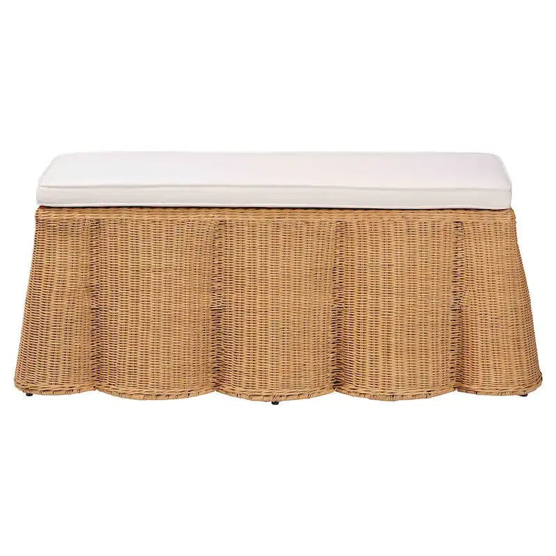 Natural Rattan Handwoven Rectangle Ottoman with Cushion, Coastal Boho Style