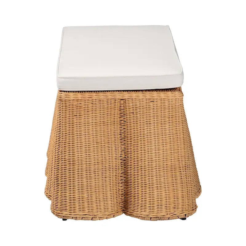 Natural Rattan Handwoven Rectangle Ottoman with Cushion, Coastal Boho Style