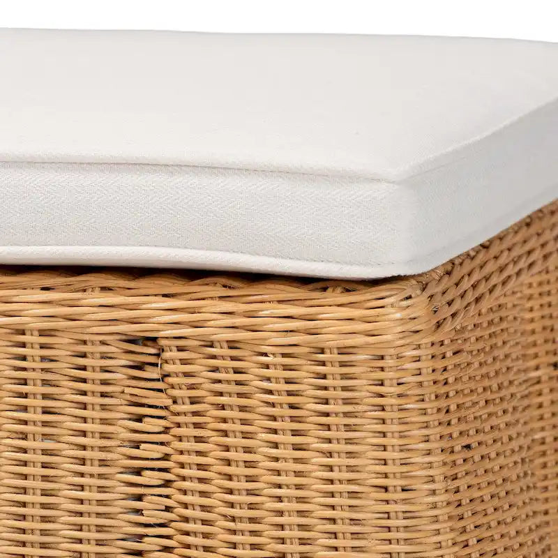 Natural Rattan Handwoven Rectangle Ottoman with Cushion, Coastal Boho Style