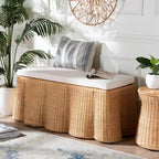 Natural Rattan Handwoven Rectangle Ottoman with Cushion, Coastal Boho Style
