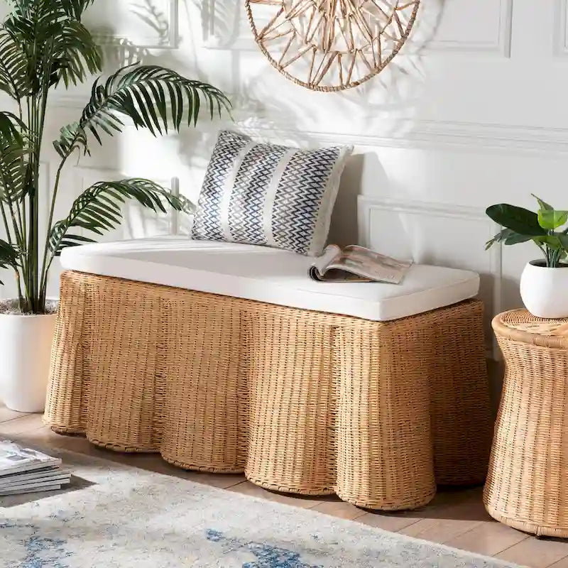 Natural Rattan Handwoven Rectangle Ottoman with Cushion, Coastal Boho Style