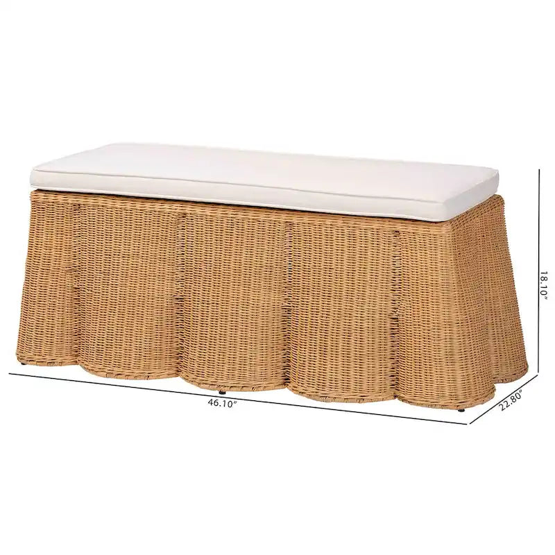 Natural Rattan Handwoven Rectangle Ottoman with Cushion, Coastal Boho Style
