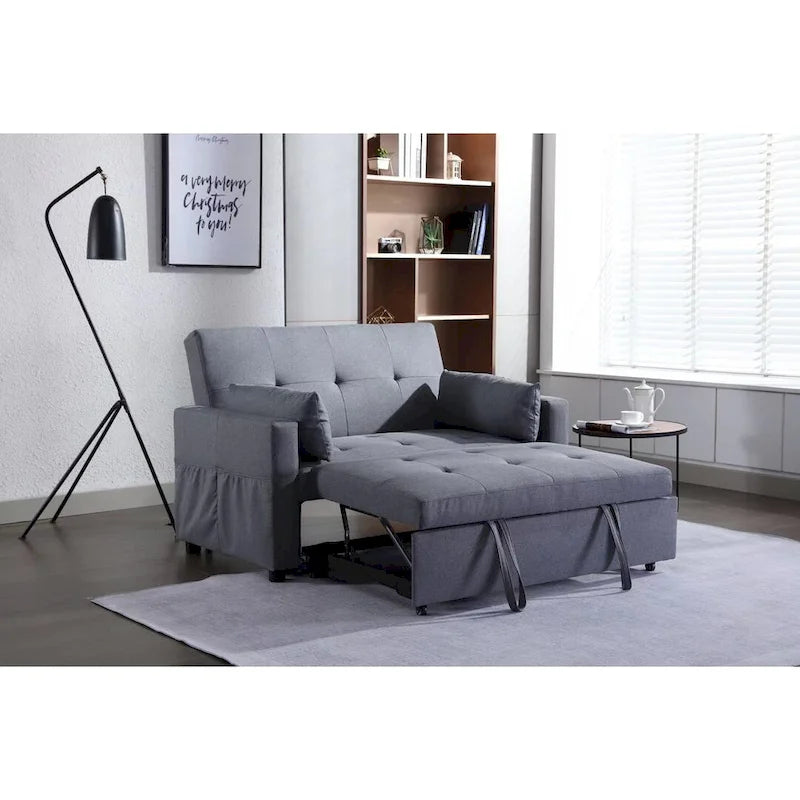 Light Grey Linen 3-in-1 Convertible Sleeper Loveseat with Side Storage Pocket