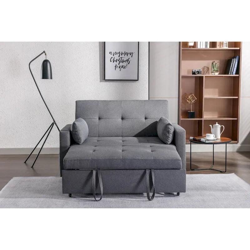 Light Grey Linen 3-in-1 Convertible Sleeper Loveseat with Side Storage Pocket