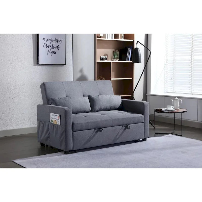 Light Grey Linen 3-in-1 Convertible Sleeper Loveseat with Side Storage Pocket