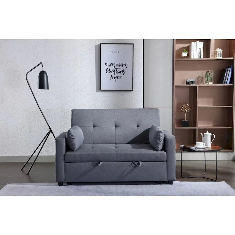 Light Grey Linen 3-in-1 Convertible Sleeper Loveseat with Side Storage Pocket