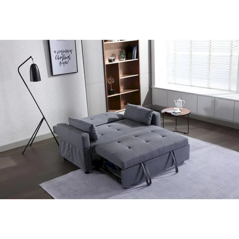 Light Grey Linen 3-in-1 Convertible Sleeper Loveseat with Side Storage Pocket