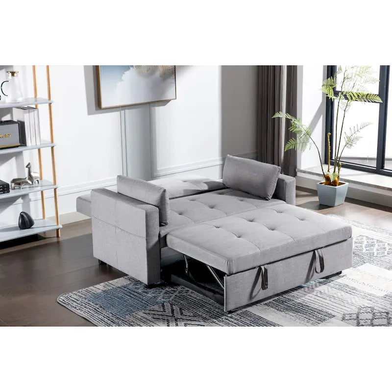 Light Grey Linen 3-in-1 Convertible Sleeper Loveseat with Side Storage Pocket