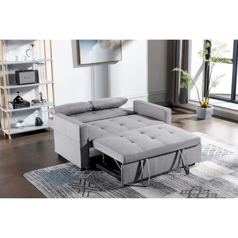 Light Grey Linen 3-in-1 Convertible Sleeper Loveseat with Side Storage Pocket