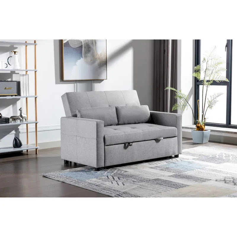 Light Grey Linen 3-in-1 Convertible Sleeper Loveseat with Side Storage Pocket