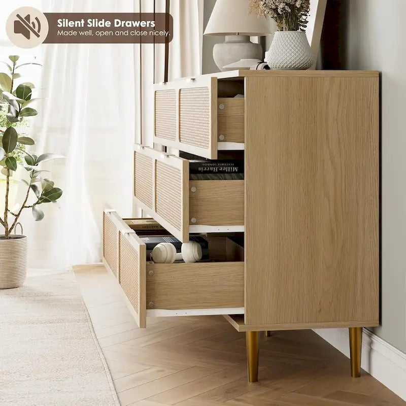 6 Drawer Dresser for Bedroom, Rattan Chest of Drawers