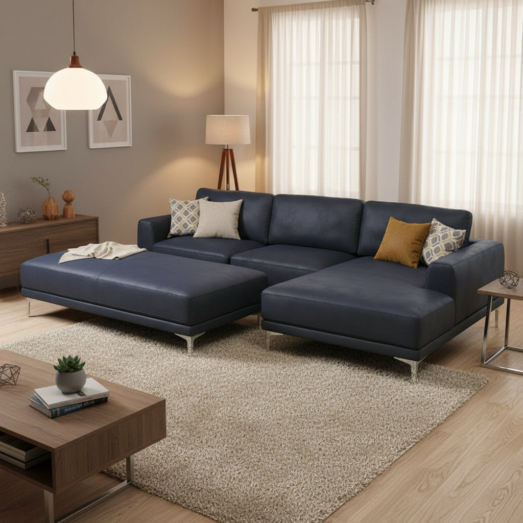  2pc L Sectional Sofa Set with LAF Chaise, Ink Blue Faux Leather