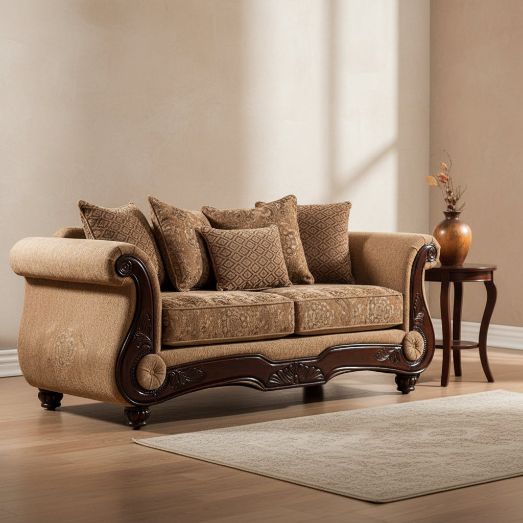  2pc Sofa Loveseat Set, Tan Gold Faux Leather, 8 Accent Pillows