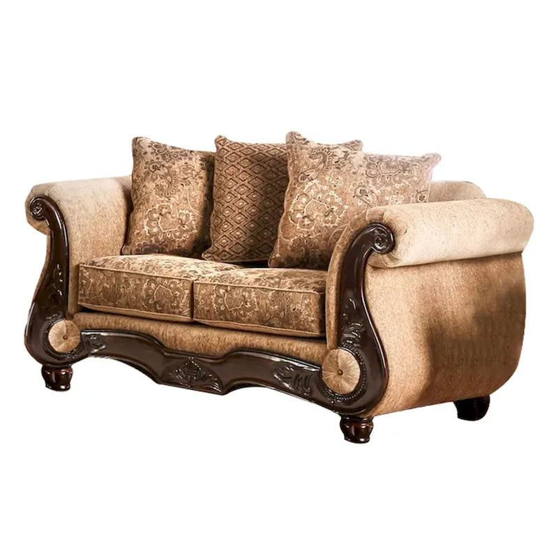 Traditional Tan Chenille Upholstered Loveseat with Accent Pillow