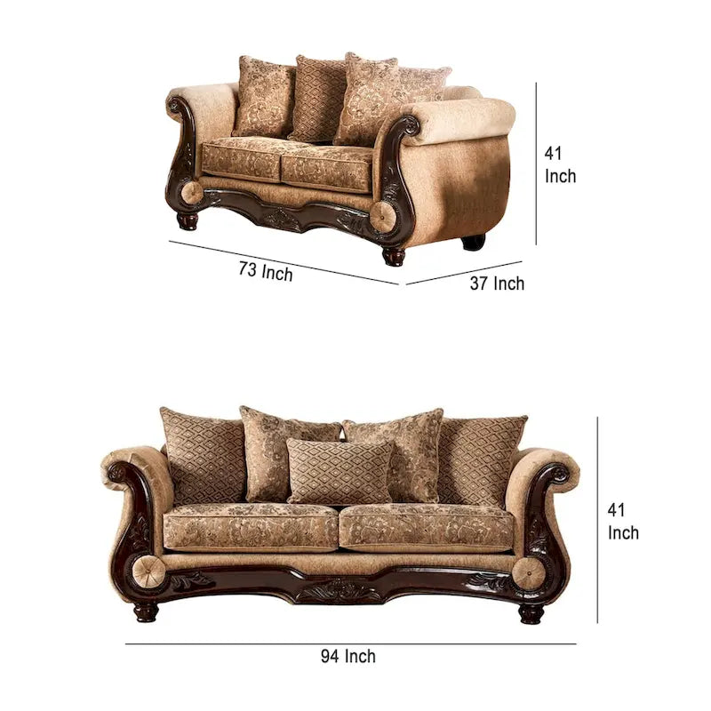 Traditional Tan Chenille Upholstered Loveseat with Accent Pillow