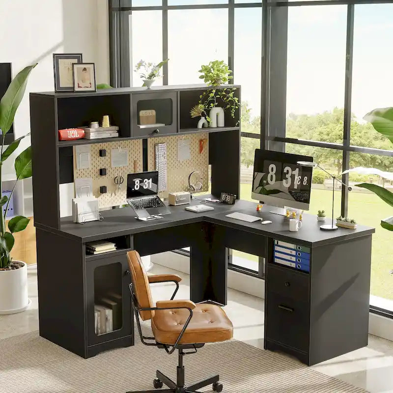 L-Shaped Executive Computer Desk with Top Hutch and Charging Station