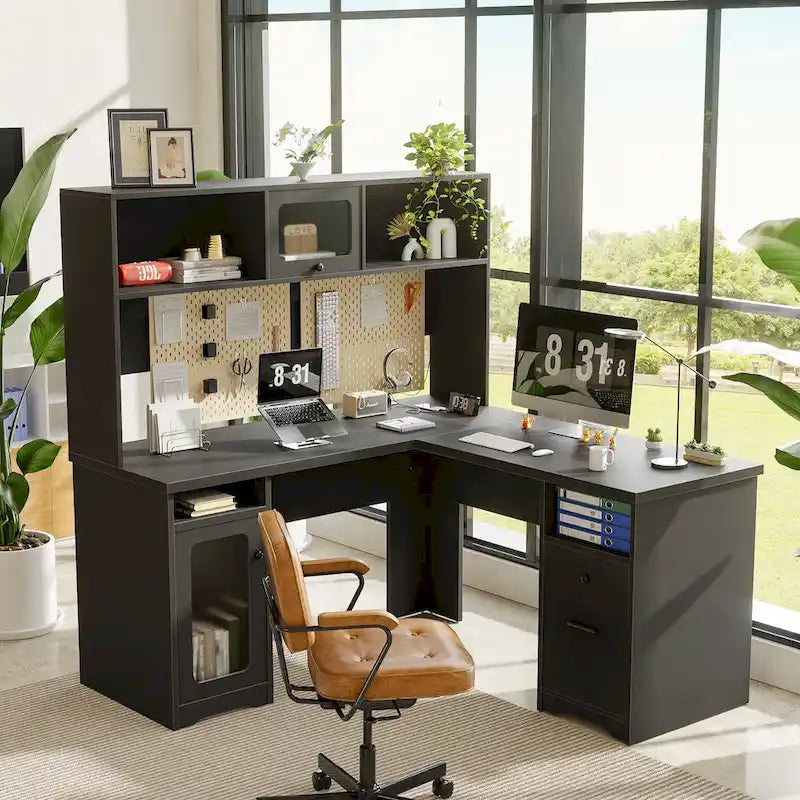 L-Shaped Executive Computer Desk with Top Hutch and Charging Station