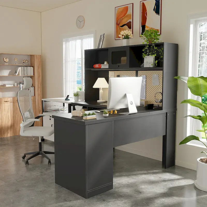 L-Shaped Executive Computer Desk with Top Hutch and Charging Station