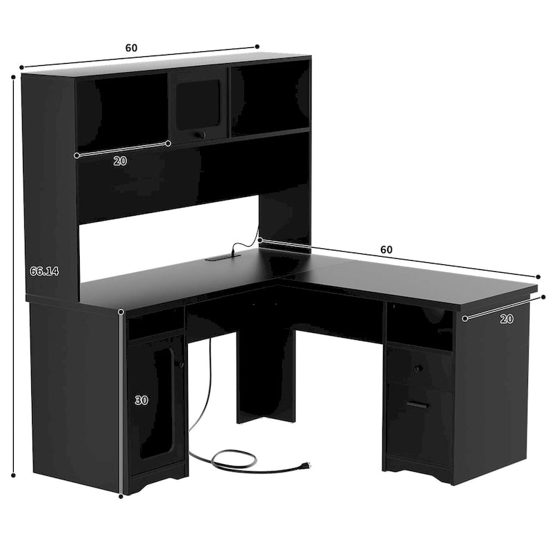 L-Shaped Executive Computer Desk with Top Hutch and Charging Station