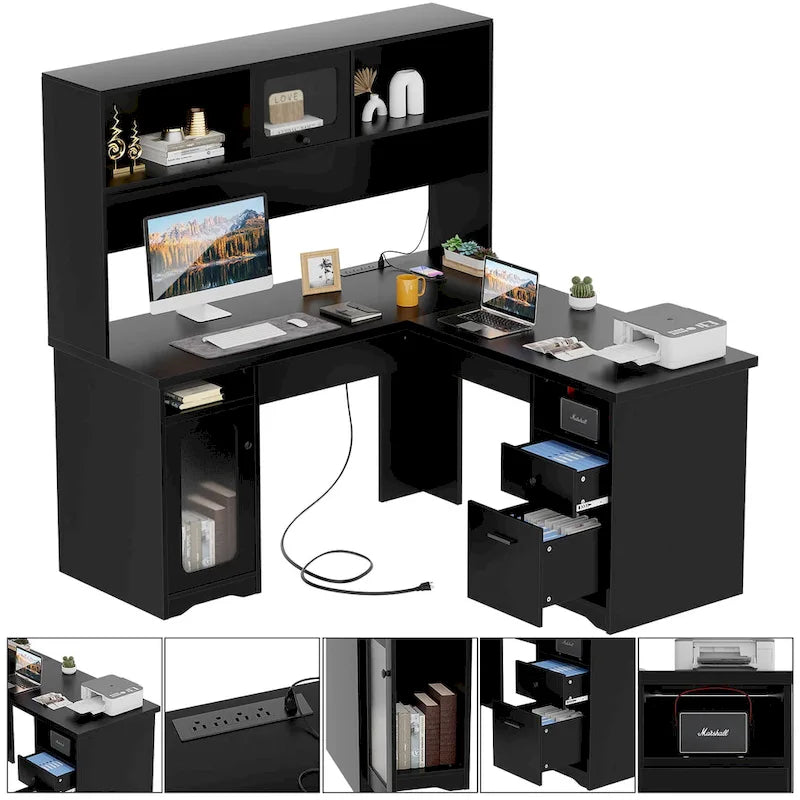 L-Shaped Executive Computer Desk with Top Hutch and Charging Station