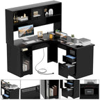 L-Shaped Executive Computer Desk with Top Hutch and Charging Station