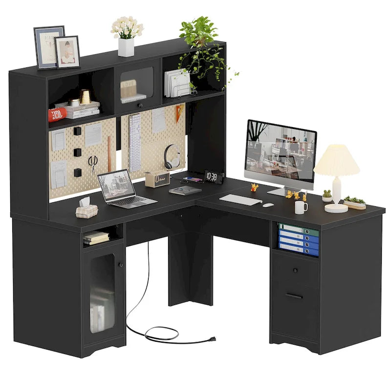 L-Shaped Executive Computer Desk with Top Hutch and Charging Station