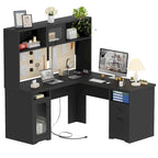L-Shaped Executive Computer Desk with Top Hutch and Charging Station