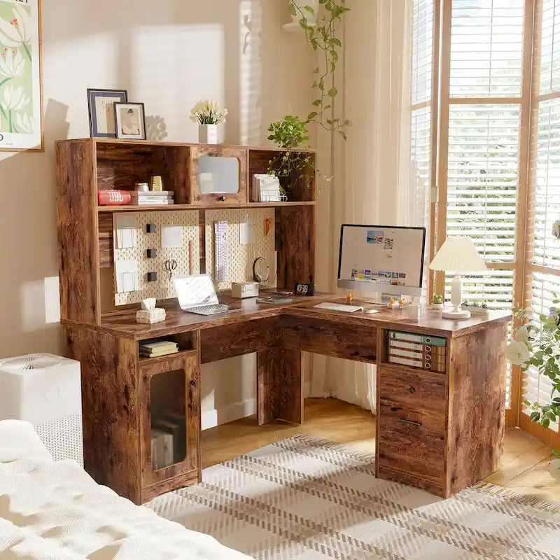 L-Shaped Executive Computer Desk with Top Hutch and Charging Station