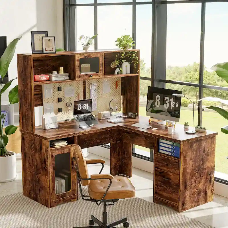 L-Shaped Executive Computer Desk with Top Hutch and Charging Station