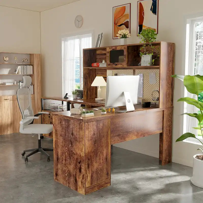 L-Shaped Executive Computer Desk with Top Hutch and Charging Station