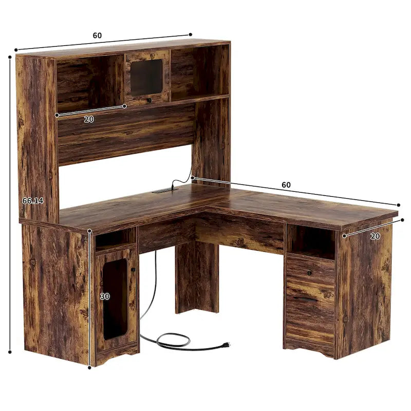 L-Shaped Executive Computer Desk with Top Hutch and Charging Station
