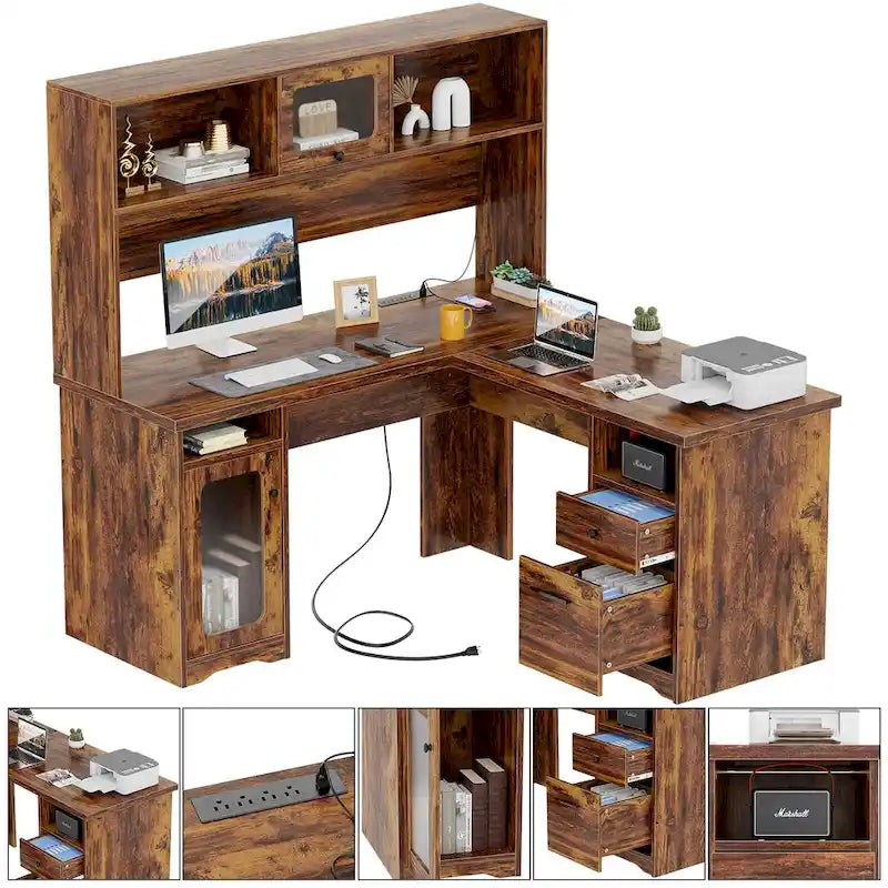 L-Shaped Executive Computer Desk with Top Hutch and Charging Station