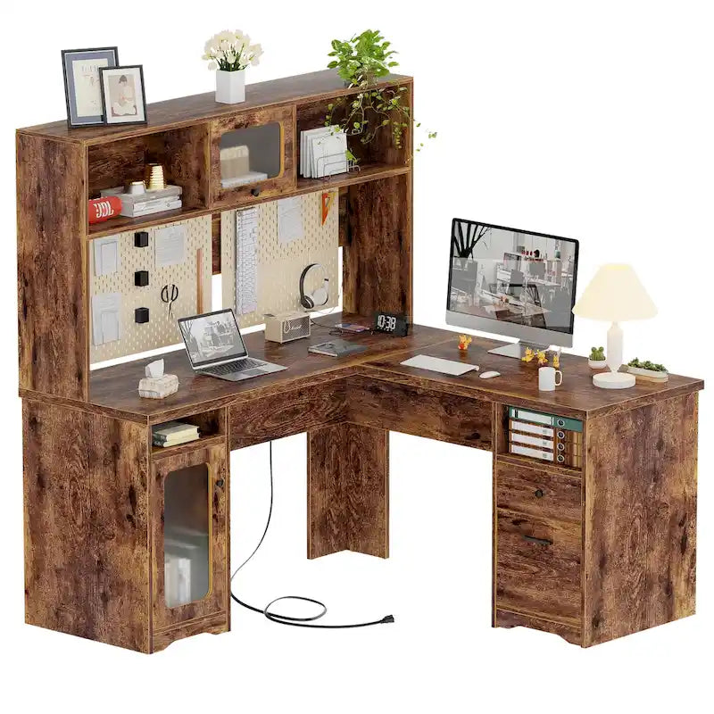 L-Shaped Executive Computer Desk with Top Hutch and Charging Station