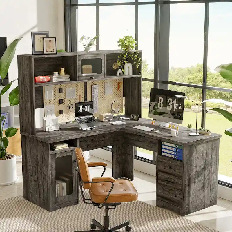 L-Shaped Executive Computer Desk with Top Hutch and Charging Station