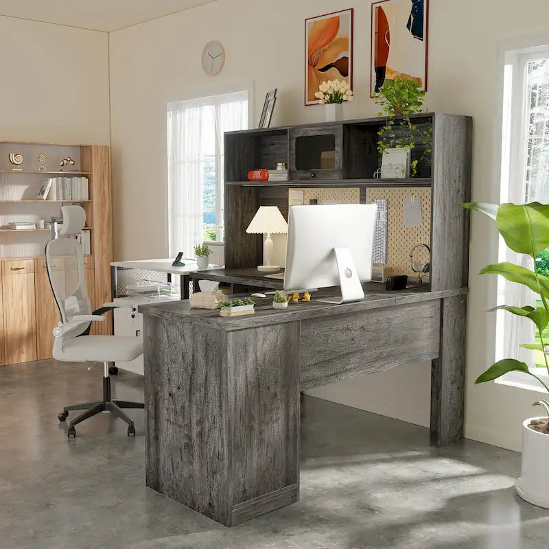 L-Shaped Executive Computer Desk with Top Hutch and Charging Station