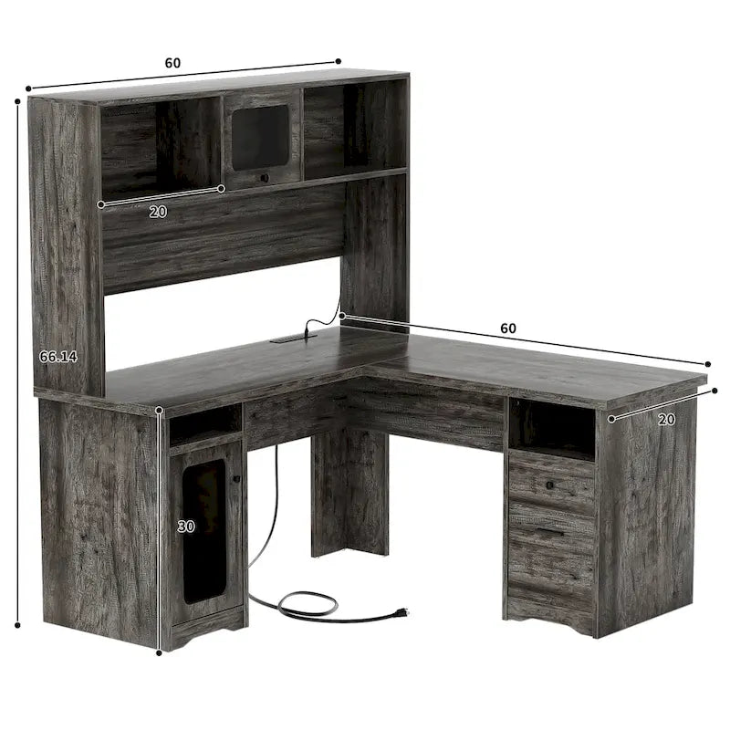 L-Shaped Executive Computer Desk with Top Hutch and Charging Station
