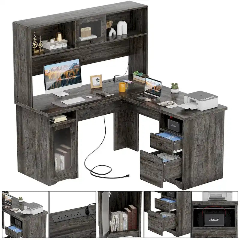 L-Shaped Executive Computer Desk with Top Hutch and Charging Station