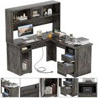 L-Shaped Executive Computer Desk with Top Hutch and Charging Station