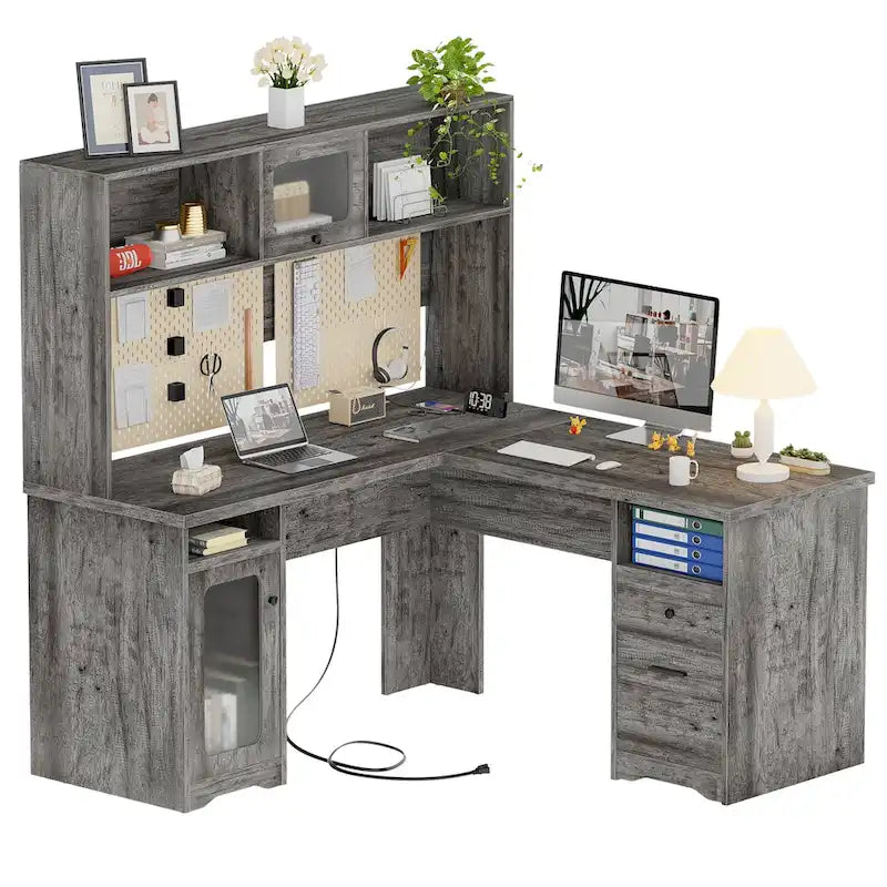 L-Shaped Executive Computer Desk with Top Hutch and Charging Station